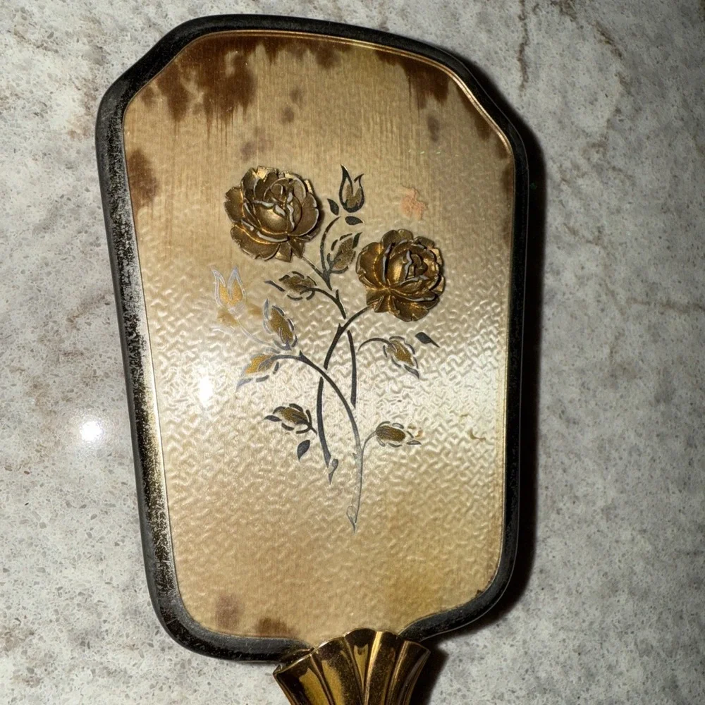 Vintage Victorian Hair Brush Copper Handle 3D Flower Accents Removable Brush